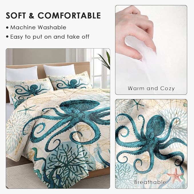 King Size Comforter Set with 2 Pillowcases, Sea Coral Octopus 3 Pcs Bedding for Kids and Adults, Beach Summer Ocean Animal Soft Comforter Set for Bedroom Bed Decor