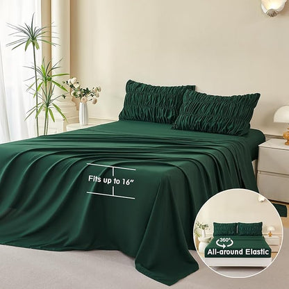 PERFEMET Full Size Comforter Set Emerald Green 5 Pieces Solid Fluffy Ruched Bedding with Sheet Set Luxury Soft Pleated Texture Bed in a Bag All Season Boho Farmhouse Ruffle Bed Sets, 79"x90"