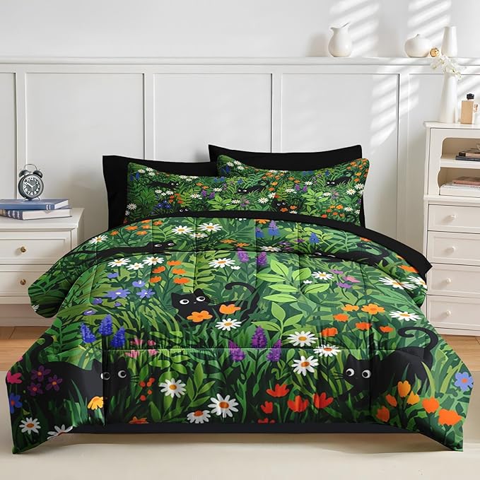 Nesker 7 Pcs Spring Comforter Set Full Size, Black Cat Flower Bedding Set for Kids and Adults, Green Garden Bed Sheet Sets with Fitted Sheet 2 Pillowcases & 2 Shams
