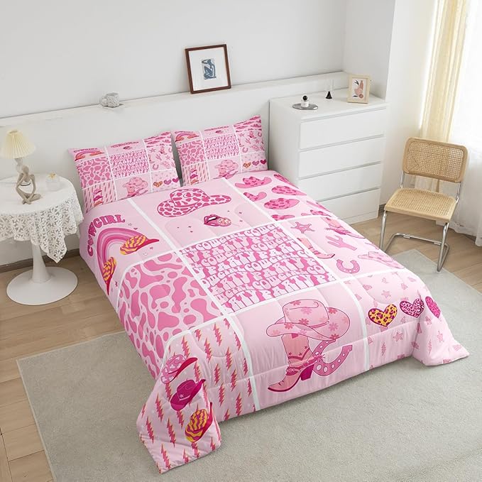 Feelyou Pink Western Decor Comforter Queen Size Wild West Cowgirl Comforter Set for Boys Girls Children Cowgirl Boots Hats Horseshoes Bedding Set Room Decor Patchwork Grid Duvet Set 3Pcs