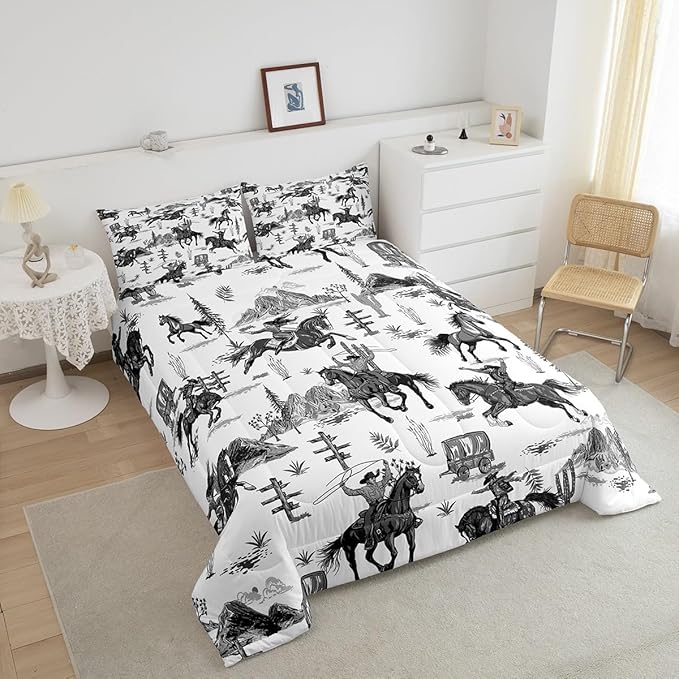 Feelyou Western Decor Comforter King Size Wild Western Cowboy Cowgirl Comforter Set for Boys Girls Children Horse Desert Rodeo Cowboy Style Bedding Set Room Decor Grey Duvet Set 3Pcs
