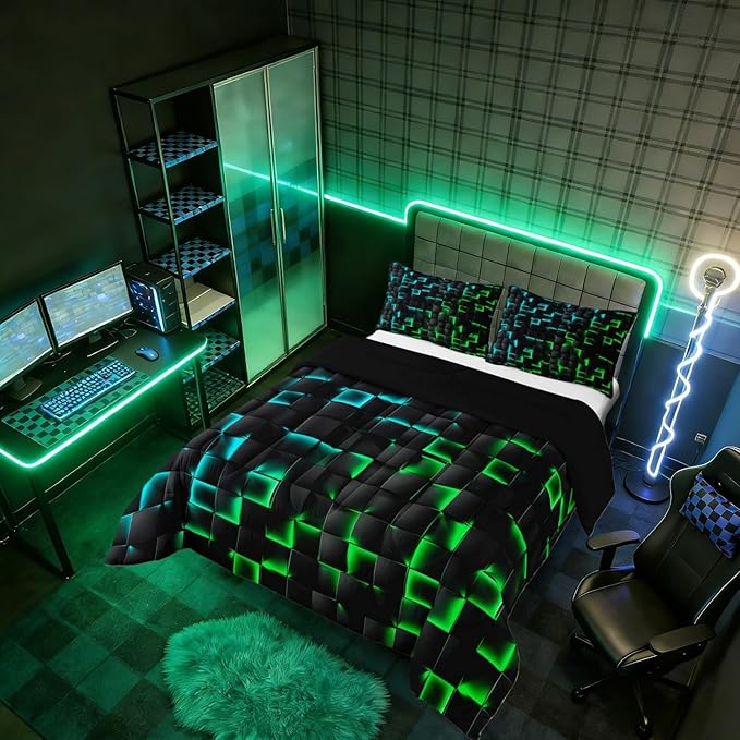Erosebridal Geometric Checkered Boys Bedding Set Twin Size Neon Teal Green Comforter Set for Kids Teen Men Gamer Room Decor,Abstract Ombre Plaid Comforter Grids Quilt Duvet Black