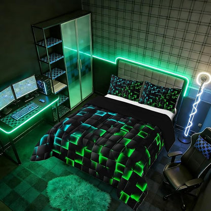 Erosebridal Geometric Checkered Boys Bedding Set Toddler Size Neon Teal Green Comforter Set for Kids Teen Men Gamer Room Decor,Abstract Ombre Plaid Comforter Grids Quilt Duvet Black