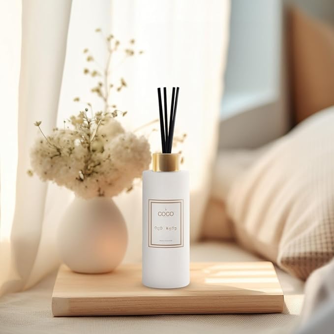 COCO by Stone 5oz Reed Diffuser (Oud Wood) – Luxury Scented Oil Diffuser for Home Aromatherapy, Long-Lasting Vegan Fragrance, Elegant Home Décor and Air Freshener