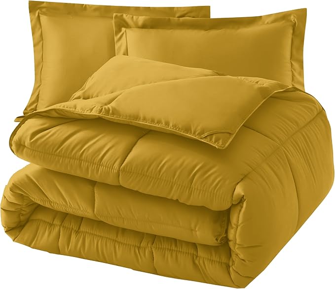 Elegant Comfort 3-Piece Box Stitched Down Alternative Comforter with Shams - Ultra Soft for All Season Duvet Insert with Corner Tabs, Plush Cozy 3PC Comforter Set, Full, Mustard Yellow