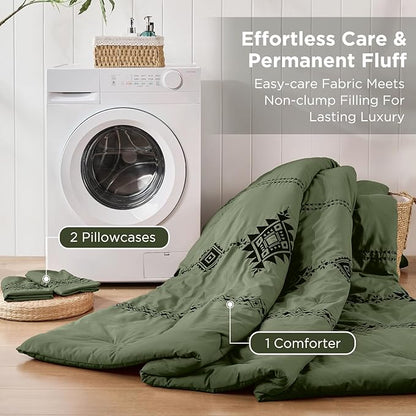 Embroidered Boho Comforter Set Full Size, 3-Piece Western Shabby Chic Bedding Set - Fluffy Ultra Soft Microfiber with Intricate Design, Includes 1 Green Comforter(82"x86") & 2 Pillowcases