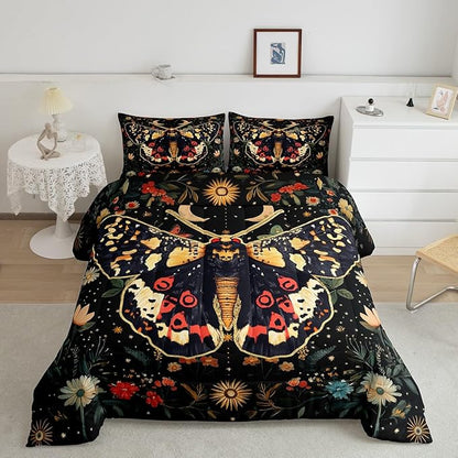 Erosebridal Halloween Boho Moth Bedding Set Full, Gothic Nature Comforter Set Boho Exotic Vintage Floral Black Comforter for Kids Teens Youth Women Men Bedroom, Starry Sky Quilt with 2 Pillow Cases