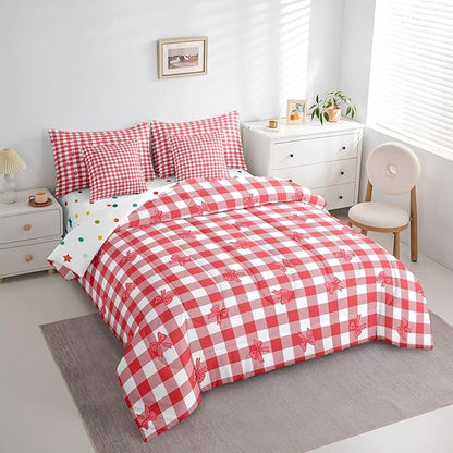 Feelyou Red Bow Comforter Set with Sheets Twin Size Kids Bowknot Pliad 7 Pieces Bedding Set for Boys Girls Teens Gift for Girls Women Grid Bed in a Bag Breathable Princess Décor Bed Set