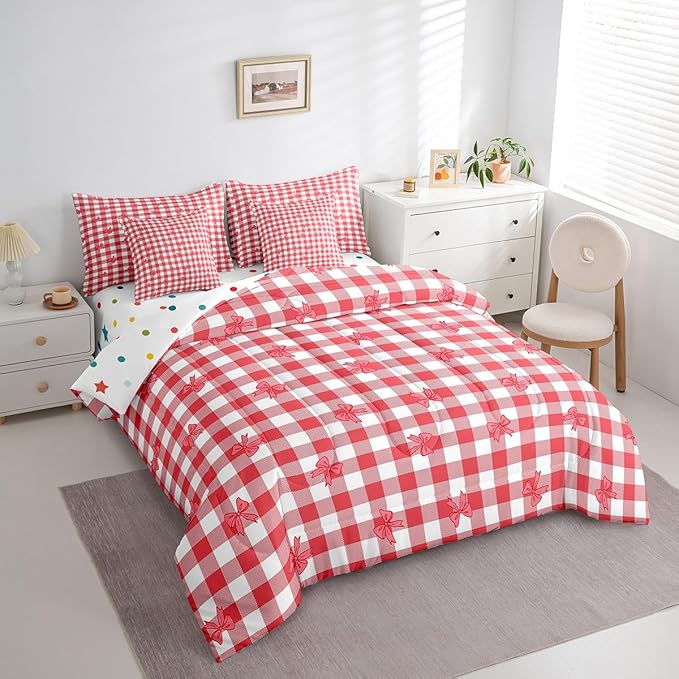 Feelyou Red Bow Comforter Set with Sheets King Size Kids Bowknot Pliad 7 Pieces Bedding Set for Boys Girls Teens Gift for Girls Women Grid Bed in a Bag Breathable Princess Décor Bed Set