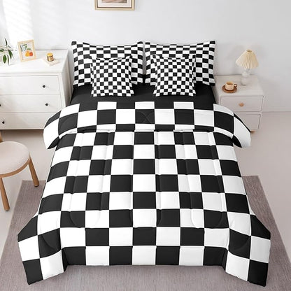 Feelyou Checkered Retro 7 Piece Bedding Set Teen Women Men Black White Plaid Comforter Set with Sheets Full Size Kids Boys Geometric Vintage Bed in a Bag Modern Simple Groovy Aesthetic Room Decor