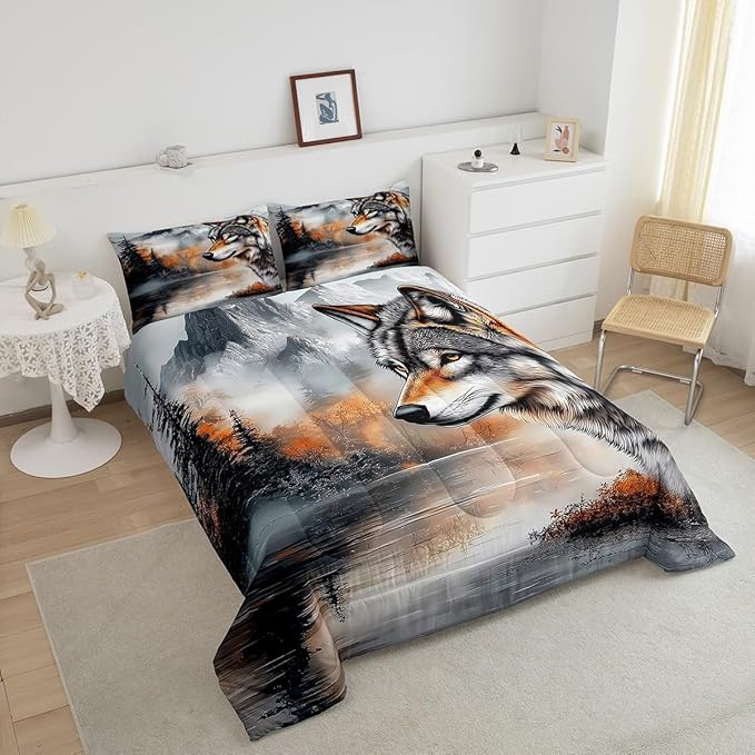 Erosebridal Wolf Full Bedding Set,Hunting Wolf Comforter Set for Kids Adults Room Decor,Wildlife Safari Bed Set Rustic Mountain Scene Theme Bedding Comforter Sets,2 Pillowcases