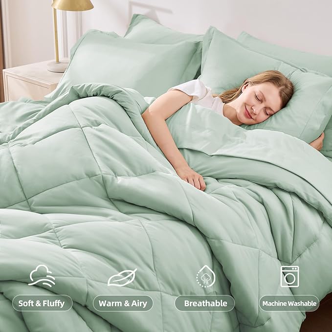 FUANNA 7 Pieces Queen Comforter Set, All Season Bed in a Bag Queen Size, Luxury Soft Bedding Sets with Comforter, Flat Sheet, Fitted Sheet, Pillowcases & Pillow Shams, Sage Green