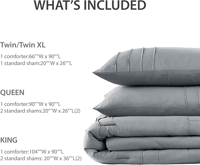 King Size Comforter Set Blue Grey, 3 Pieces Bedding Set, Ultra Soft Prewashed Bed Set, Pinch Pleat All Seasons Lightweight Comforter and Shams