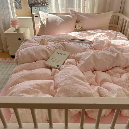 HighBuy King Comforter Set Pink Grid Gingham Comforter Set,3 Piece Modern Style Grid Plaid Comforter Set with Lace Ruffle Fluffy Soft Lightweight Plaid Gingham Bedding Set Fluffy Checkered