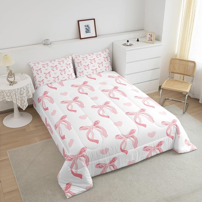 jejeloiu Cute Pink Bow Bedding Set King Size Ribbon Bow Comforter Set for Kids Women Cartoon Love Heart Duvet Set Pink White Quilt Set 3Pcs