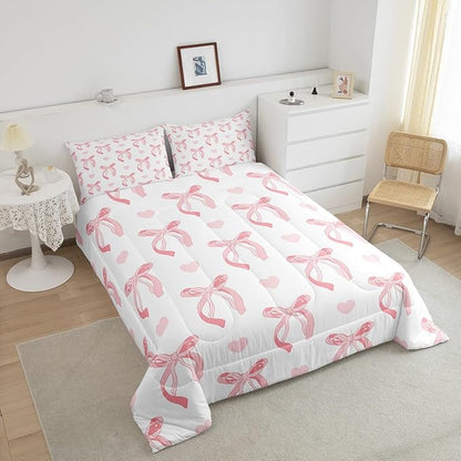 jejeloiu Cute Pink Bow Bedding Set King Size Ribbon Bow Comforter Set for Kids Women Cartoon Love Heart Duvet Set Pink White Quilt Set 3Pcs