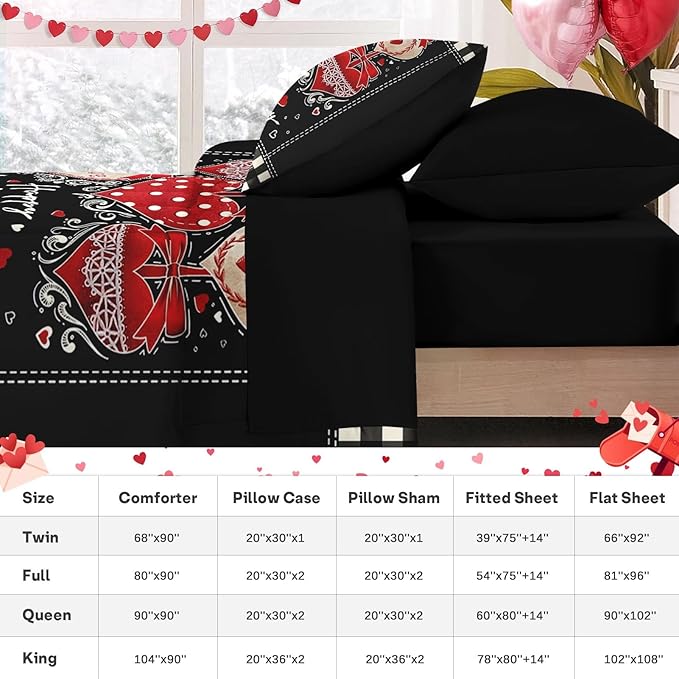 Nesker 7 Pcs Valentine's Day Comforter Set Queen Size, Polka Dots Heart Bedding Set for Kids and Adults, Sweet Love Romantic Sheets Bed Sheet Sets with Fitted Sheet 2 Pillowcases & 2 Shams