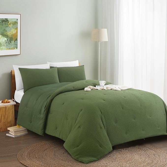 HOMBYS 3 Piece Seersucker Oversized King 120x120, Breathable Olive Green Soft Lightweight Bedding Comforter Sets with Comforter for All Season