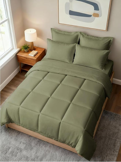 Queen Comforter Set - 7 Piece Bed in a Bag Queen Size Bed Set - Down Alternative Comforter, Flat Sheet, Fitted Sheet, Pillowcase & Shams for All Seasons - Ultra Soft, Comfy & Breathable - Sage Green