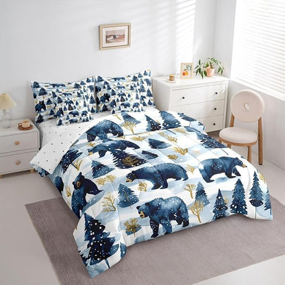 Erosebridal Rustic Bear Bed in A Bag Queen | Jungle Hunting Farmhouse Wildlife 7 Piece Comforter Set Wild Animals Sheet Set Winter Snowflakes Pine Trees Fitted Sheet Breathable Lightweight