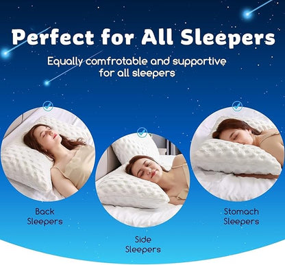 Cooling Side Sleeper Pillow for Neck and Shoulder Pain, Luxury Shredded Memory Foam Curved Bed Pillows for Sleeping Set of 2- Adjustable Standard Size- Washable Cover Crescent White