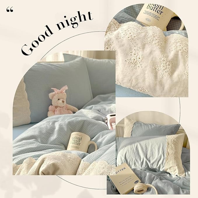 mixinni Light Blue Gingham Comforter Set King - 3 Piece Soft Washed Microfiber Plaid Bedding Set with Lace Trim, All Seasons Fluffy Comforter & Pillowcases, Farmhouse French Country Aesthetic