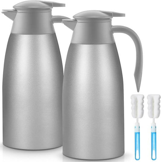 Norme 2 Pcs Thermal Coffee Carafe Insulated Stainless Steel Coffee Carafe for Hot Liquid Vacuum Thermal Pot Creamer Pitcher Dispenser with Brushes Keeping Hot Water Milk(Gray,68 oz)