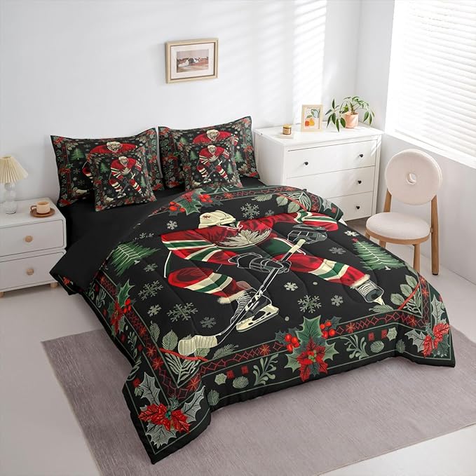 Erosebridal Ice Hockey 7 Piece Comforter Set King | Christmas Theme Puck Player Bed in A Bag Athletic Competitive Games Sheet Set Reversible Winter Sports Fitted Sheet Breathable Lightweight