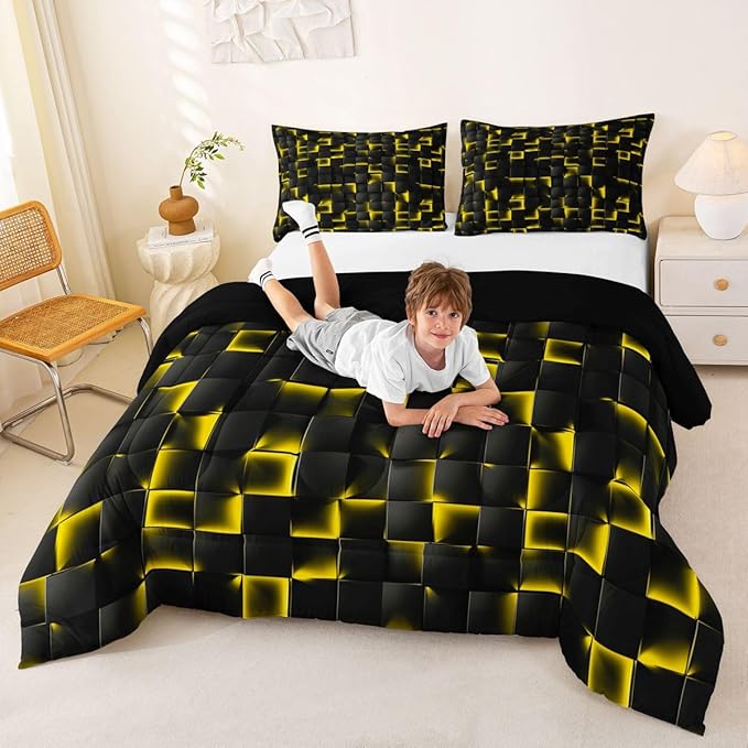 Erosebridal Geometric Checkered Comforter King Size Neon Black Gold Comforter Set for Kids Teen Men Gaming Room Decor,Abstract Ombre Plaid Bedding Set Grids Quilt Duvet