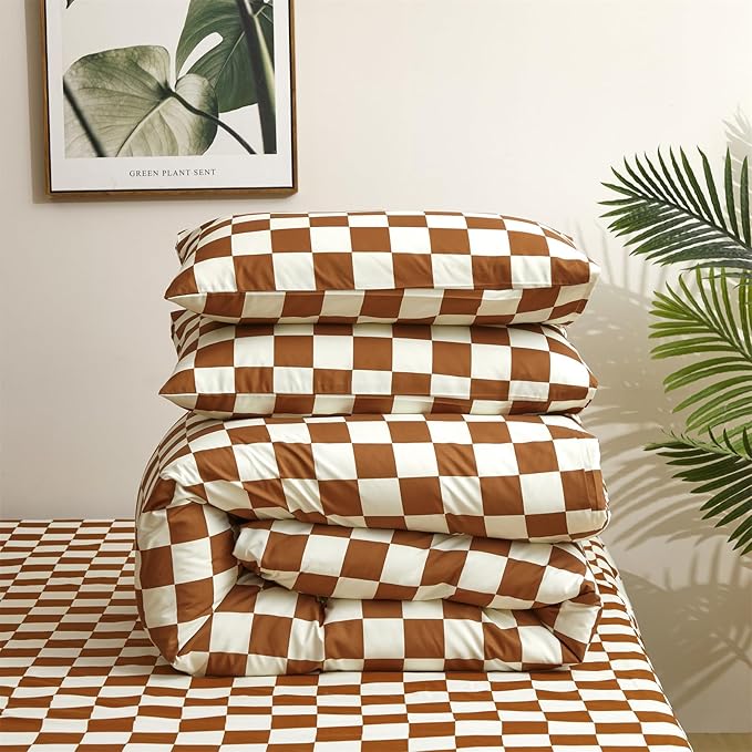 Pureant Pumpkin White Plaid Comforter Set Twin Brown and White Checkered Bedding Comforter Soft Women Girls Brown Checkerboard Grid Quilts Twin Size Boho Pumpkin Buffalo Plaid Comforter Geomertic