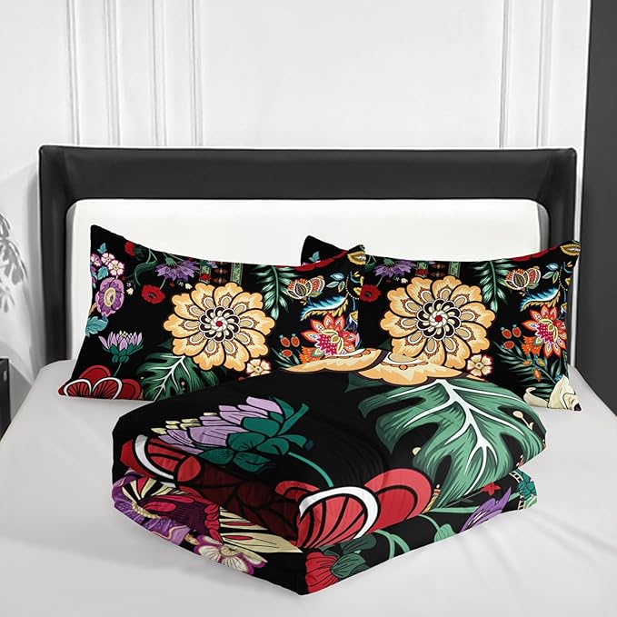 3 Pieces Colorful Floral Comforter Set,Paisley Bedding Set King Size,Bohemian Farmhouse Flower Leaves Printed on Black Design,All Season Lightweight Soft Microfiber (1 Comforter with 2 Pillowcases)