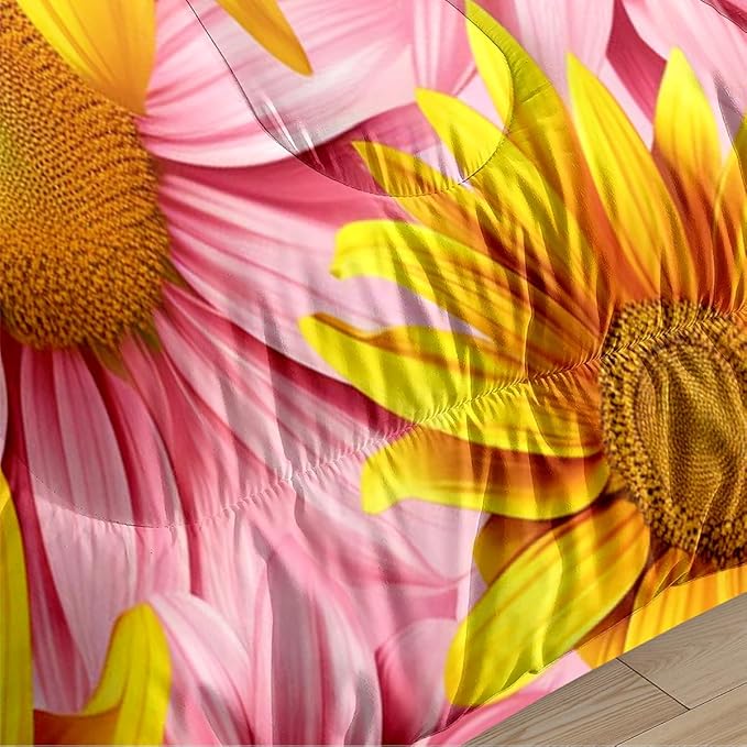 Sunflower Comforter Set Full Size, Pink Yellow Bedding Set, 3 Pieces Oil Painting Bedroom Decor with 2 Pillowcases/79 * 90
