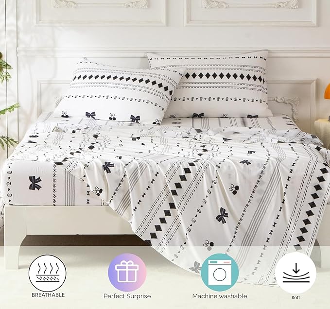 SDY 7PCS Bow Floral,Cherry Comforter and Sheet Set Queen Size，Boho Print Pattern Bedding Sets Includes 1*Comforter,1* Flat Sheet, 1*Fitted Sheet,2*Pillowcases and 2*PillowcaseShams
