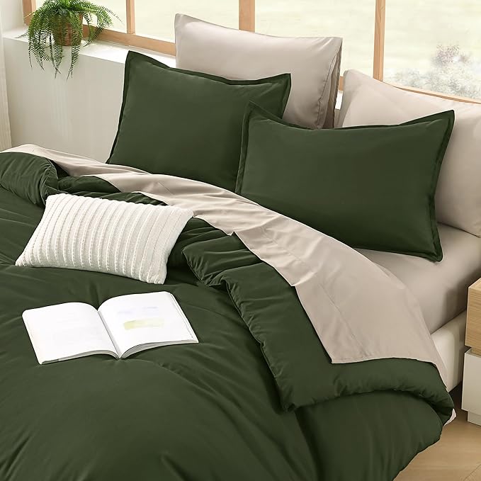 Litanika Comforter Full Size Set Olive - 7 Pieces Bed in a Bag Full Beddding Comforter Sets, Plain Lightweight Bed Set with Comforter, Sheets, Pillowcases & Shams