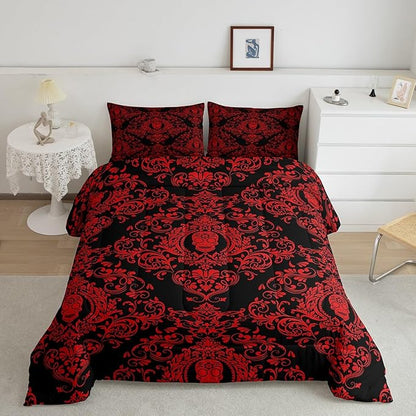 Feelyou Adults Red Vintage Damask Floral Comforter Set Oriental Antique Comforter Full Size Gothic Bohemia Boho Bedding Set Exotic Sugar Skull Duvet Set Quilt Set 3Pcs