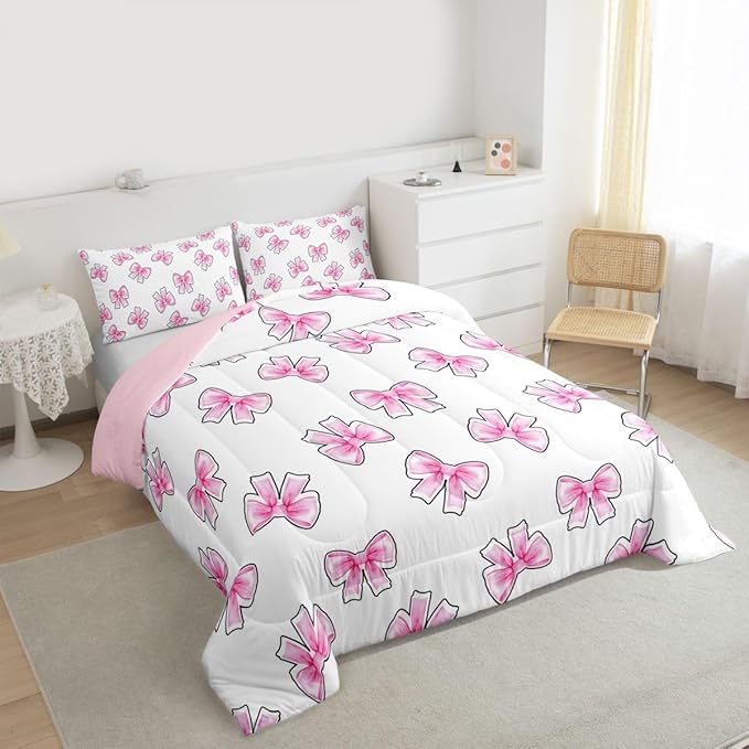 Erosebridal Princess Bow Bedding Set Toddler for Girls Pink Bows Comforter Set for Kids Teen Girls Women Bedroom Preppy Bowknot Comforter Trendy Aesthetic Coquette Quilt Duvet