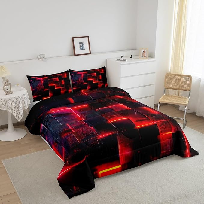 Red and Black Bedding King 3D Glowing Buffalo King Comforter Set, Modern Abstract Art Bedding Comforter Sets Geometric Plaid Duvet Insert, Gradient Futuristic Cubes Down Comforter (Black Reversible)