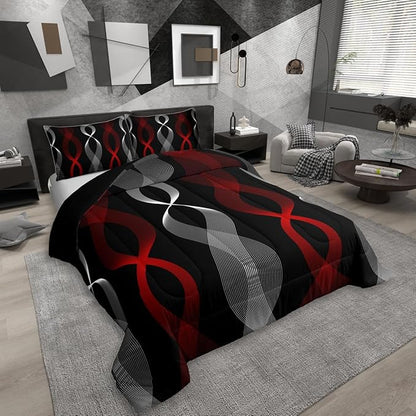 Erosebridal Red and Black Bedding Set Twin for Adults, Red Striped Comforter Set for Women Men Teens Adults Bedroom, Ombre Geometric Stripes Abstract Comforter, Contemporary Boho Modern Art Quilt
