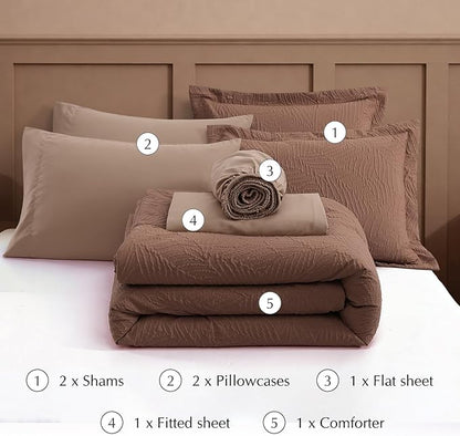 Geniospin Queen Comforter Set - 7 Pieces Brown Textured Queen Bedding Sets with Comforter, Sheets, Pillowcases & Shams，All Season Brown Bedding