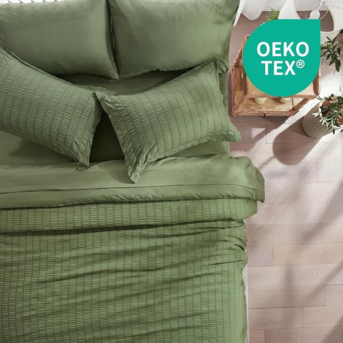 Zzlpp King Size Comforter Set 7 Pieces, Olive Green Seersucker Bed in a Bag with Sheets, All Season Bedding Sets with 1 Comforter, 2 Pillow Shams, 2 Pillowcases, 1 Flat Sheet, 1 Fitted Sheet