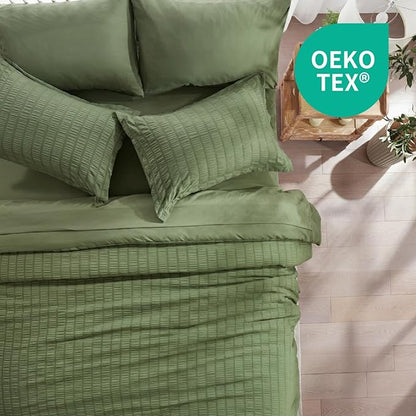 Zzlpp Twin Comforter Set 5 Pieces, Olive Green Seersucker Bed in a Bag with Comforter and Sheets, All Season Bedding Sets with 1 Comforter, 1 Pillow Sham, 1 Pillowcase, 1 Flat Sheet, 1 Fitted Sheet