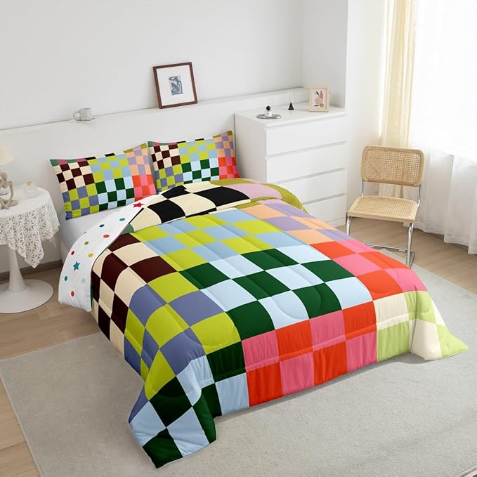 Feelyou Multicolored Checkered Retro Bedding Set Kids Boys Girls Geometric Vintage Comforter Set Queen Size Green Red Yellow Colorful Duvet Insert Modern Simple Groovy Aesthetic Room Decor