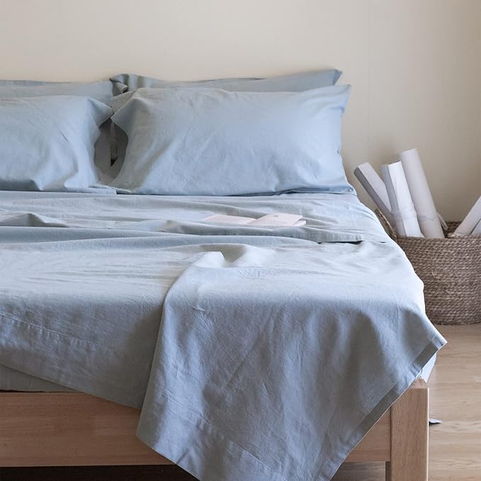 Simple&Opulence Belgian Linen Sheet Set Solid Color - 6 Pieces (1 Flat Sheet & 1 Fitted Sheet & 4 Pillowcases) 16" Deep Pocket Natural Flax Cotton Blended Soft Bedding - Dusty Blue, King Size