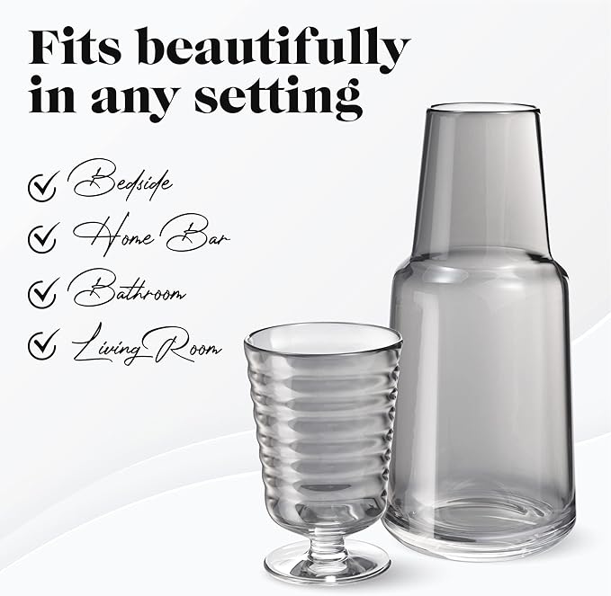American Atelier 32 oz Bedside Water Carafe Set – 11" Glass Pitcher with Footed Tumbler Lid for Nightstand, Guest Room, Office, Bathroom, Durable, Stylish Drinkware for Everyday Use (Gray)