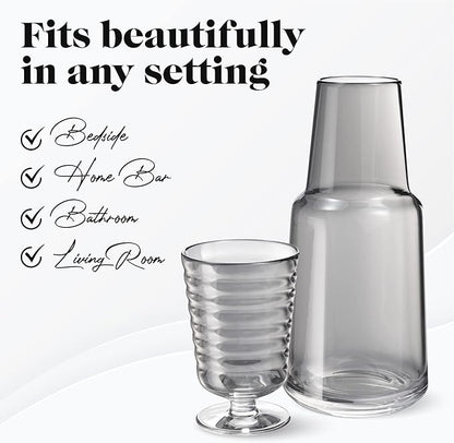 American Atelier 32 oz Bedside Water Carafe Set – 11" Glass Pitcher with Footed Tumbler Lid for Nightstand, Guest Room, Office, Bathroom, Durable, Stylish Drinkware for Everyday Use (Gray)