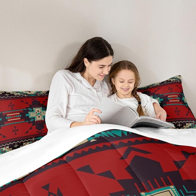 Western Bedding Comforter Set King Size,America Southwest Aztec Tribal Quilted Duvet 3pcs for Teens Kids Girls Women Bedroom Decor,Rustic Red Brown Duvet Insert with 2 Pillowcases