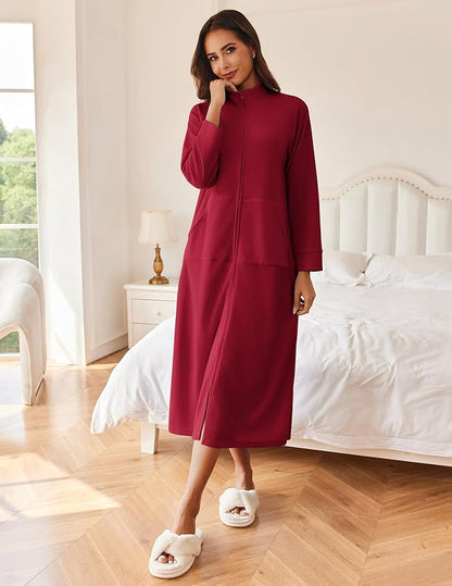 Ekouaer Women Zipper Robe Long Sleeves House Coat Soft Bathrobe Sleepwear with Pockets Housecoat Loungewear