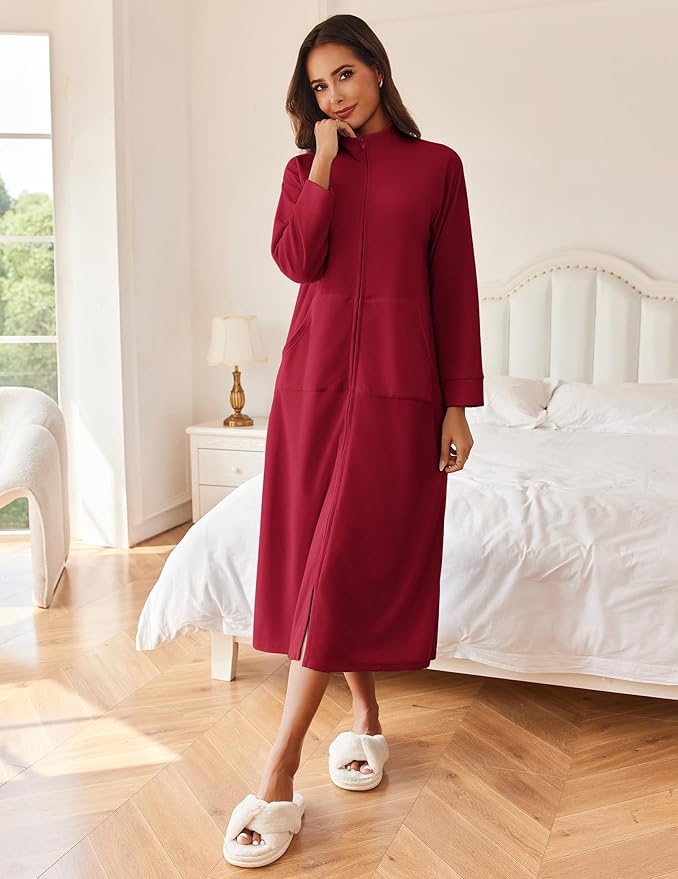 Ekouaer Women Zipper Robe Long Sleeves House Coat Soft Bathrobe Sleepwear with Pockets Housecoat Loungewear