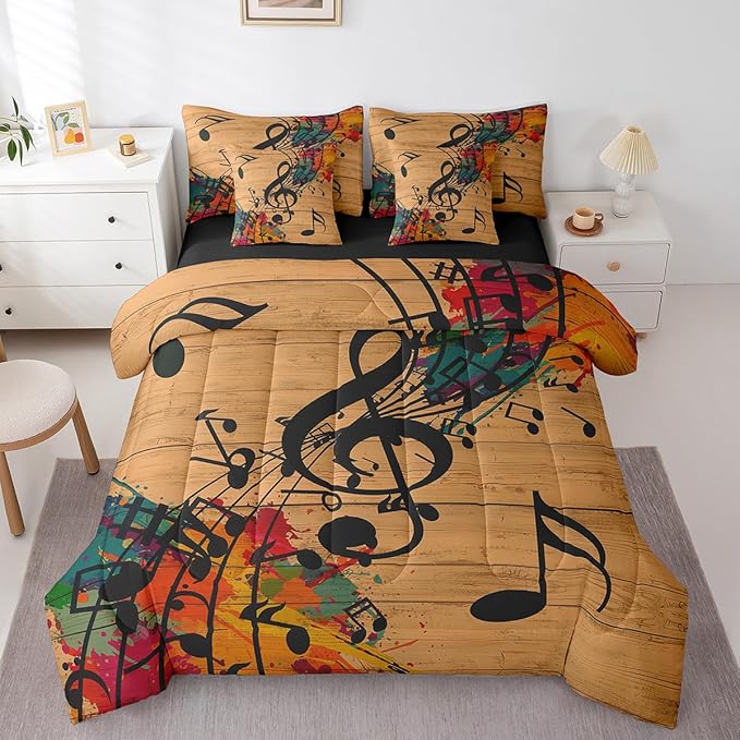 Erosebridal Music Notes 7 Piece Bedding Set Twin Size,Graffiti Music Art Bed in a Bag,Vintage Retro Bed Set Includes Comforter, Sheet Set, Pillowcases & Pillow Covers All Season Bedroom Decor