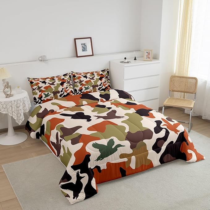 Erosebridal Camouflage Comforter Set Twin Size Camo Bedding for Kids Hunting Farmhouse Camping Comforter Vintage Green Army Room Decor Wild Duck Rustic Animal Duvet Set
